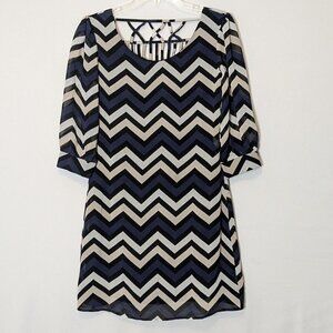 THREE PINK HEARTS Black/Navy Blue Chevron Stripe Chiffon Short Dress; Size XS